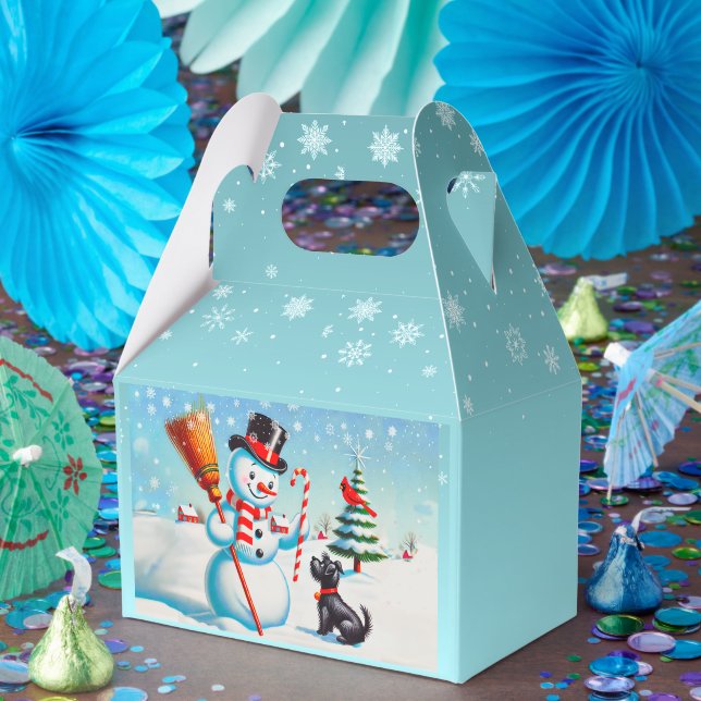 Retro Snowman, Cute Dog, Red Cardinal And Trees Favor Box (Party)
