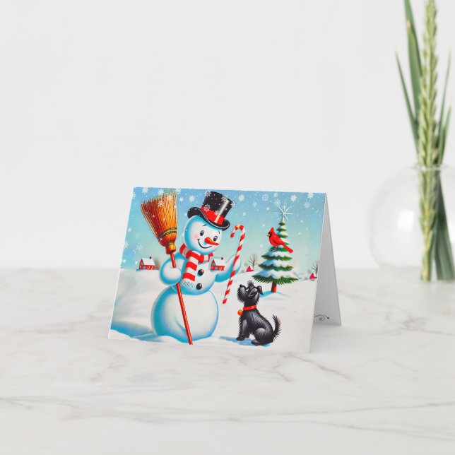 Retro Snowman, Cute Dog, Red Cardinal And Trees Holiday Card (Front)