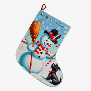 Retro Snowman, Cute Dog, Red Cardinal And Trees Large Christmas Stocking