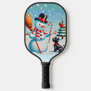 Retro Snowman, Cute Dog, Red Cardinal And Trees Pickleball Paddle
