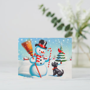 Retro Snowman, Cute Dog, Red Cardinal And Trees Postcard