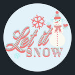 Retro Snowman Let it Snow Christmas Classic Round Sticker<br><div class="desc">Cute Christmas Let it Snow Design with Snowman Holding Snowflakes and cool Typography</div>