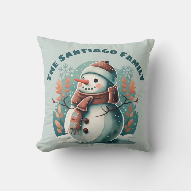 Retro Snowman Merry Christmas Holiday Midcentury Throw Pillow (Front)
