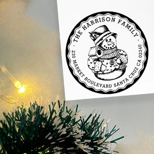 Retro Snowman Round Family Name & Return Address Rubber Stamp