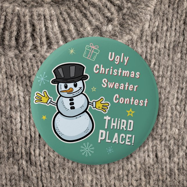 Retro Snowman Ugly Christmas Sweater Contest 3rd 2 Inch Round Button (Creator Uploaded)