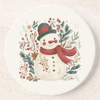 Retro Snowman with Green Hat and Red Scarf Coaster