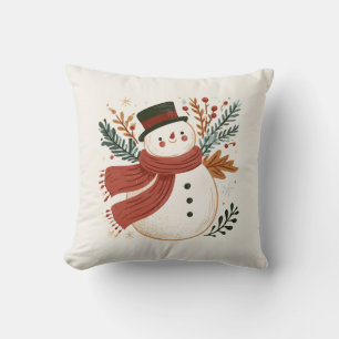 Retro Snowman with Top Hat and Red Scarf Throw Pillow