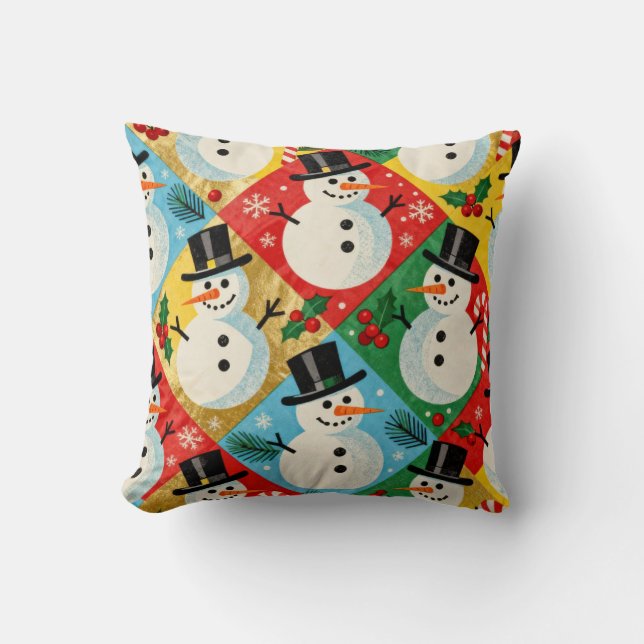 Retro Snowmen Throw Pillow (Front)