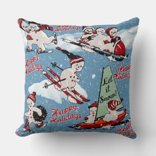 Retro Snowmen Winter Sports on Blue Throw Pillow