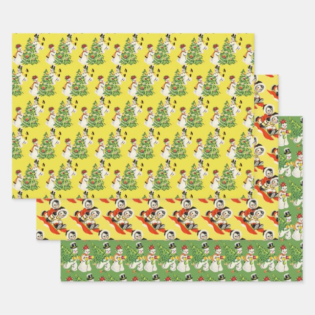 Retro Snowmen Wrapping Paper Sheet (Set)