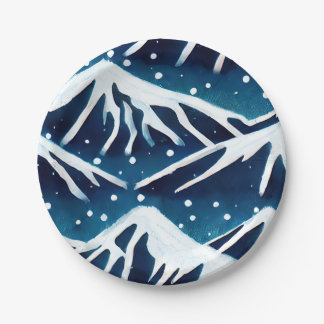 Retro Snowy Blue Mountains Paper Plate