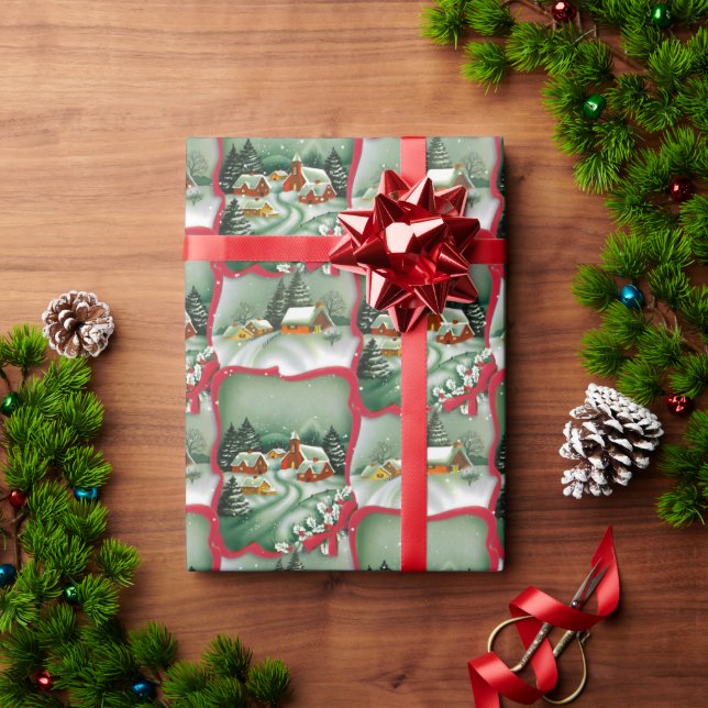 Retro Snowy Christmas Houses  Wrapping Paper (Holiday Gift)