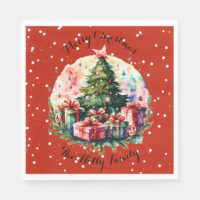 Retro Snowy Christmas Scene, Tree, Gifts, Napkin (Front)