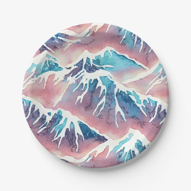 Retro Snowy Pastel Mountains Paper Plate (Front)