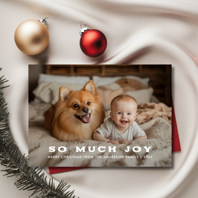 Retro So Much Joy Baby Christmas Funny Dog Photo Holiday Card (Creator Uploaded)