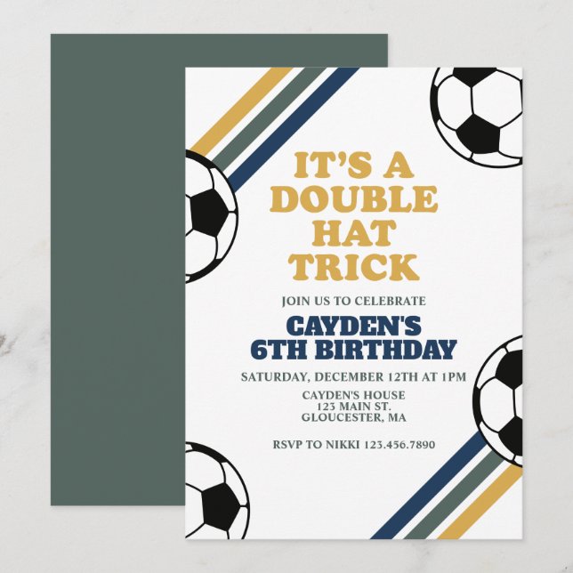 Retro Soccer Double Hat Trick 6th Birthday Invitation (Front/Back)