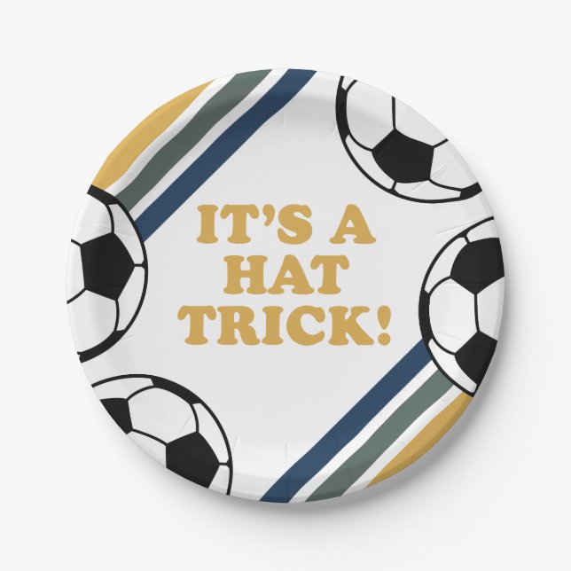 Retro Soccer Hat Trick 3rd Birthday Paper Plate (Front)