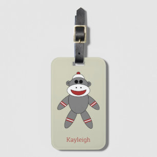 Retro Sock Monkey on Tan With Name Luggage Tag
