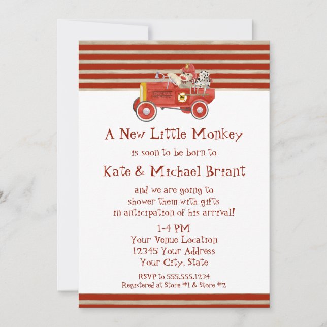 Retro Sock Monkey w Fire Engine Baby Boy Gifts Invitation (Front)