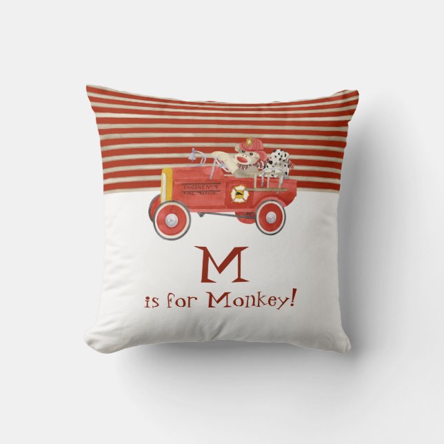 Retro Sock Monkey w Fire Engine Baby Boy Gifts Throw Pillow (Front)