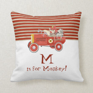 Retro Sock Monkey w Fire Engine Baby Boy Gifts Throw Pillow