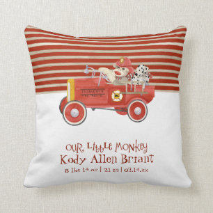 Retro Sock Monkey w Fire Engine Baby Boy Gifts Throw Pillow