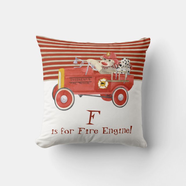 Retro Sock Monkey w Fire Engine Baby Boy Gifts Throw Pillow (Front)