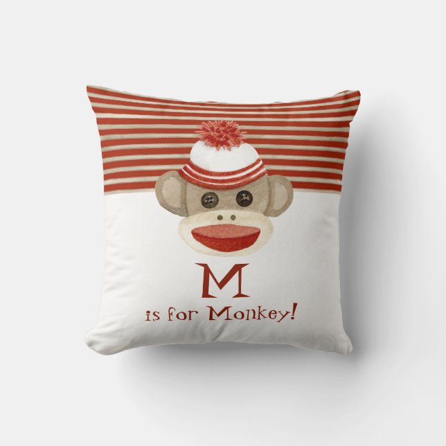 Retro Sock Monkey w Stocking Cap Baby Boy Gifts Throw Pillow (Front)