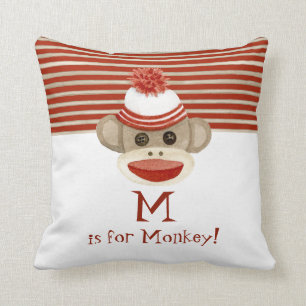 Retro Sock Monkey w Stocking Cap Baby Boy Gifts Throw Pillow