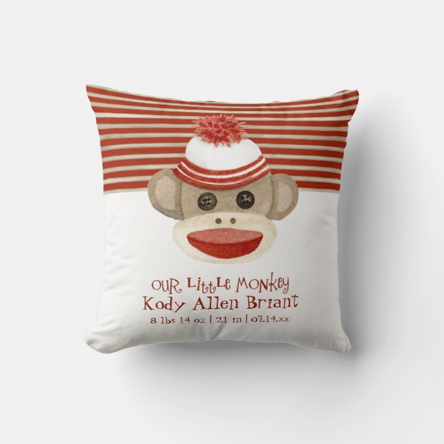 Retro Sock Monkey w Stocking Cap Baby Boy Gifts Throw Pillow (Front)