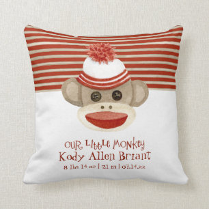 Retro Sock Monkey w Stocking Cap Baby Boy Gifts Throw Pillow