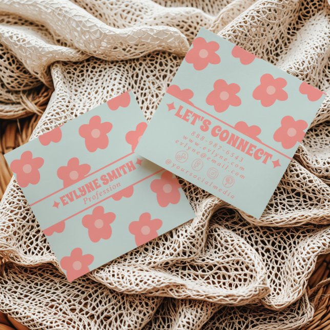 Retro Soft Pink Blue Boho Groovy Floral Girly Fun Square Business Card (Creator Uploaded)