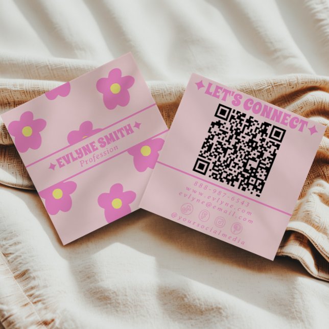 Retro Soft Pink QR Code Groovy Floral Girly Boho Square Business Card (Creator Uploaded)