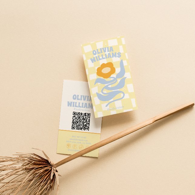 Retro Soft QR Code Boho Groovy Checkered Floral Business Card (Creator Uploaded)