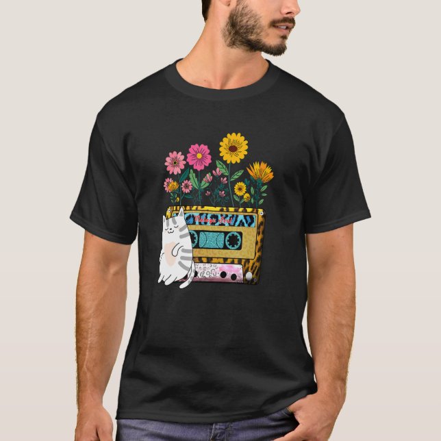 Retro Soul Cassette Tape Flowers Wildflower  Cat T-Shirt (Front)