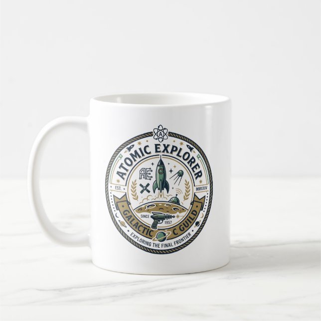 Retro Space Adventure - Classic Rocket Badge Coffee Mug (Left)