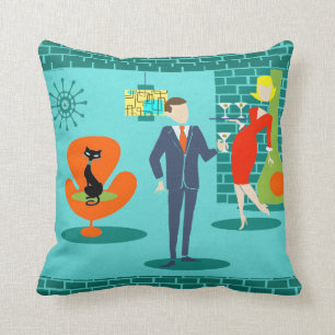 Retro Space Age Cartoon Couple Throw Pillow