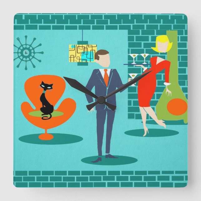 Retro Space Age Cartoon Couple Wall Clock (Front)