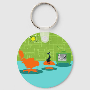 Retro Space Age Kitty Button Keychain