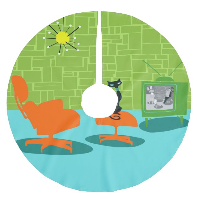 Retro Space Age Kitty Christmas Tree Skirt (Front)