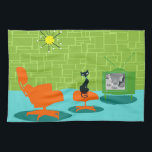 Retro Space Age Kitty Kitchen Towel<br><div class="desc">It is said that dogs have owners and cats have staff. The feline on this Retro Space Age Kitty Kitchen Towel couldn't agree more! The 1960's style, minimalist art design features a sleek, black cat in a mid century modern living room. The sophisticated room prominently features a green, stone wall....</div>
