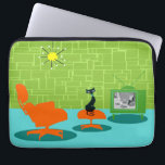 Retro Space Age Kitty Laptop Sleeve<br><div class="desc">It is said that dogs have owners and cats have staff. The feline on this Retro Space Age Kitty Laptop Sleeve couldn't agree more! The 1960's style, minimalist art design features a sleek, black cat in a mid century modern living room. The sophisticated room prominently features a green, stone wall....</div>