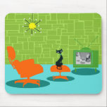 Retro Space Age Kitty Mousepad<br><div class="desc">It is said that dogs have owners and cats have staff. The feline on this Retro Space Age Kitty Mousepad couldn't agree more! The 1960's style, minimalist art design features a sleek, black cat in a mid century modern living room. The sophisticated room prominently features a green, stone wall. The...</div>