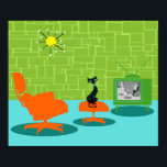 Retro Space Age Kitty Poster<br><div class="desc">It is said that dogs have owners and cats have staff. The feline on this Retro Space Age Kitty Poster couldn't agree more! The 1960's style, minimalist art design features a sleek, black cat in a mid century modern living room. The sophisticated room prominently features a green, stone wall. The...</div>