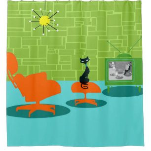 Retro Space Age Kitty Shower Curtain