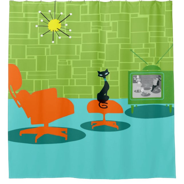 Retro Space Age Kitty Shower Curtain (Front)