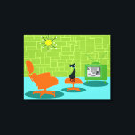 Retro Space Age Kitty Stretched Canvas Print<br><div class="desc">It is said that dogs have owners and cats have staff. The feline on this Retro Space Age Kitty Stretched Canvas Print couldn't agree more! The 1960's style, minimalist art design features a sleek, black cat in a mid century modern living room. The sophisticated room prominently features a green, stone...</div>