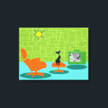 Retro Space Age Kitty Stretched Canvas Print<br><div class="desc">It is said that dogs have owners and cats have staff. The feline on this Retro Space Age Kitty Stretched Canvas Print couldn't agree more! The 1960's style, minimalist art design features a sleek, black cat in a mid century modern living room. The sophisticated room prominently features a green, stone...</div>