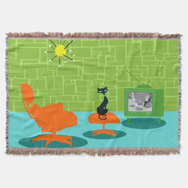 Retro Space Age Kitty Throw Blanket (Front)