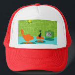 Retro Space Age Kitty Trucker Hat<br><div class="desc">It is said that dogs have owners and cats have staff. The feline on this Retro Space Age Kitty Trucker Hat couldn't agree more! The 1960's style, minimalist art design features a sleek, black cat in a mid century modern living room. The sophisticated room prominently features a green, stone wall....</div>